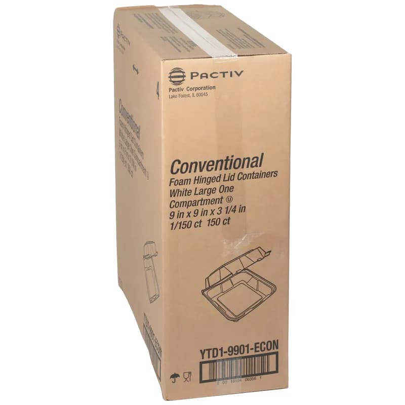 Take-Out Container Hinged With Dome Lid 9.1X9X3.3 IN Polystyrene Foam White Square 150/Case