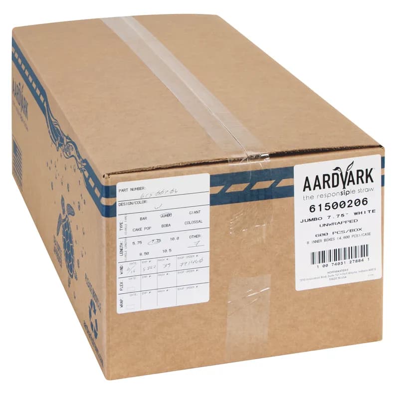 Aardvark® Jumbo Straw 7.75 IN Paper White Unwrapped Bulk 4800/Case