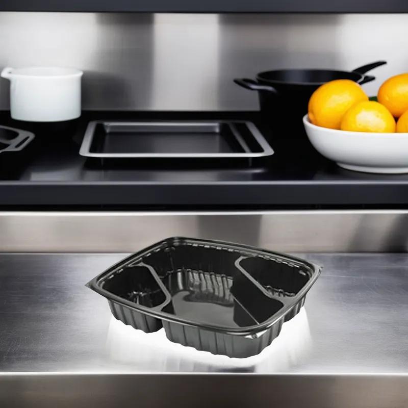Dart® ClearPac® Take-Out Container Base 9X7.4X1.7 IN 3 Compartment OPS Black Rectangle 252/Case