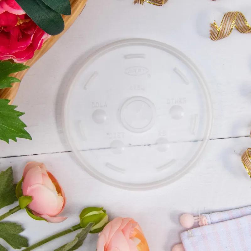 Dart® Lid Flat HIPS Translucent For 8-60 OZ Cold Cup Identification With Hole 100 Count/Bag 5 Bags/Case 500 Count/Case