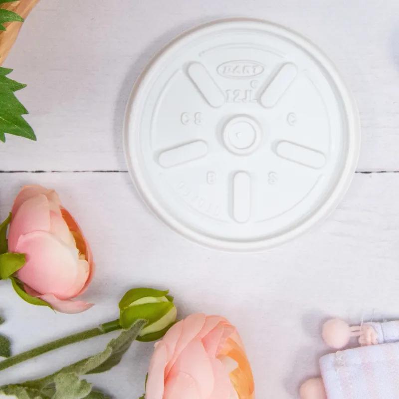 Dart® Lid Flat 3.6X0.3 IN HIPS White For 6-12 OZ Cup Vented 100 Count/Pack 10 Packs/Case 1000 Count/Case