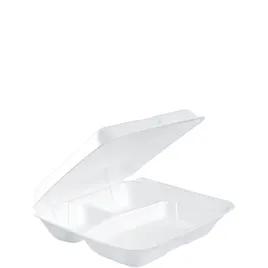 Dart® Take-Out Container Hinged Small (SM) 8X7.5X2.2 IN 3 Compartment XPS White Insulated 100 Count/Pack 2 Packs/Case