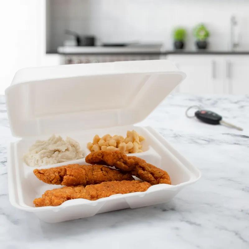 Dart® Take-Out Container Hinged Small (SM) 8X7.5X2.2 IN 3 Compartment XPS White Insulated 100 Count/Pack 2 Packs/Case