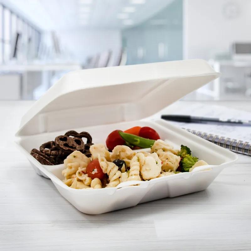 Dart® Take-Out Container Hinged Small (SM) 8X7.5X2.2 IN 3 Compartment XPS White Insulated 100 Count/Pack 2 Packs/Case