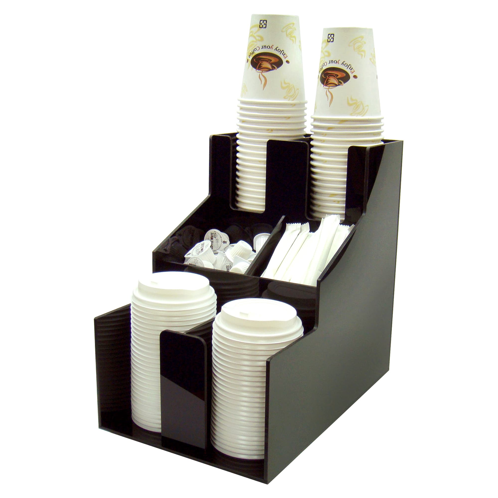 Cup & Lid Organizer 8.5X13.063X12.188 IN 6 Compartment Black Plastic 3 Tiers & 2 Stacks 1/Each