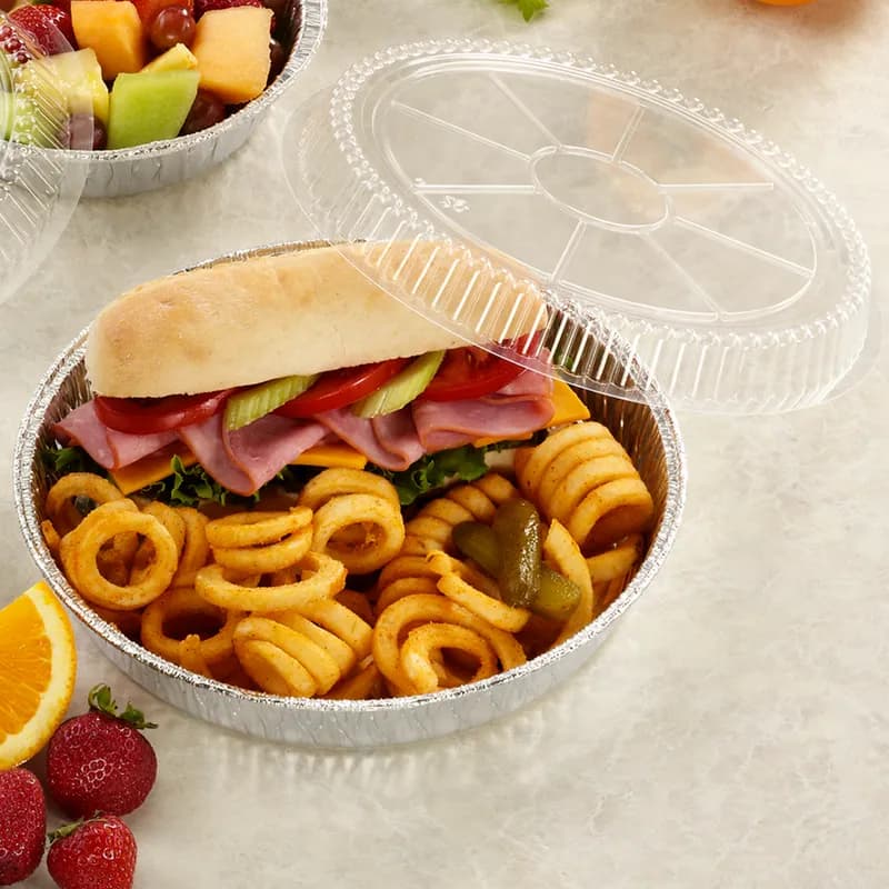 JCO Take-Out Container Base & Lid Combo With Dome Lid 48 OZ Aluminum Plastic Silver Clear Round 150/Case