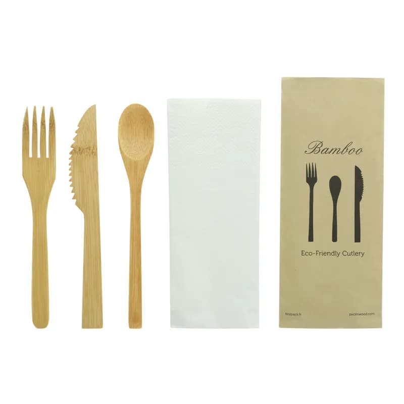 4PC Cutlery Kit 6.3 IN Bamboo Natural With Napkin,Knife,Fork,Spoon 50 Count/Pack 5 Packs/Case 250 Count/Case