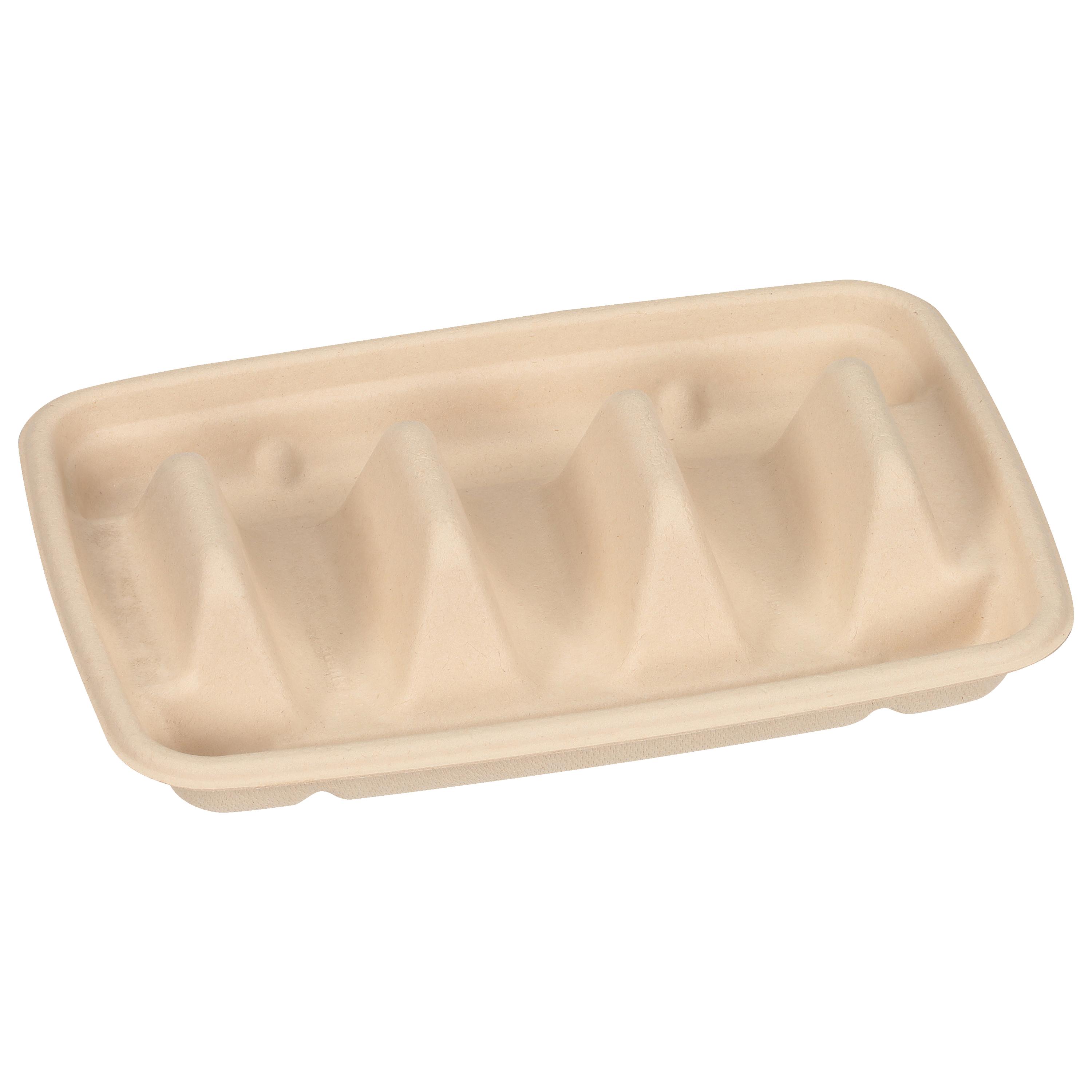 Taco Take-Out Tray 6.5X9X1.67 IN 3 Compartment Pulp Fiber Kraft Rectangle 300/Case
