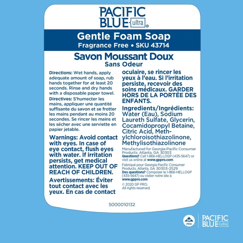 Pacific Blue Ultra™ Hand Soap Foam 1200 mL Unscented Fragrance Free Clear Dye Free Gentle 4/Case