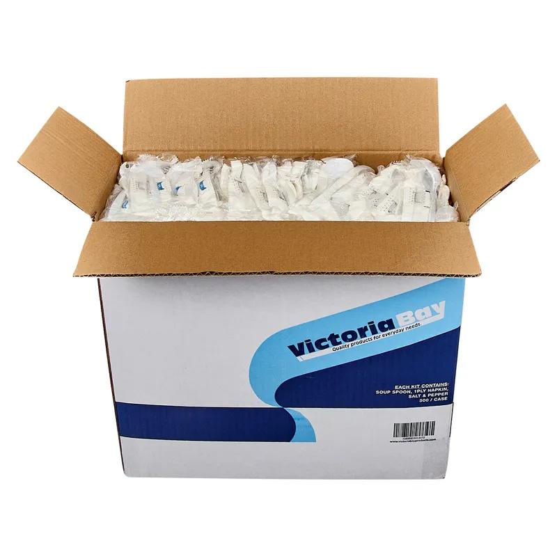 Victoria Bay 4PC Cutlery Kit PP White Medium Weight With 1PLY Napkin, Salt & Pepper,Soup Spoon 500/Case