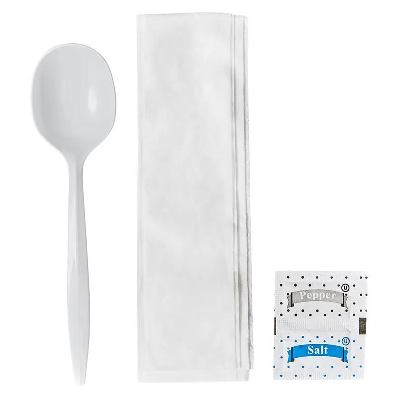 Victoria Bay 4PC Cutlery Kit PP White Medium Weight With 1PLY Napkin, Salt & Pepper,Soup Spoon 500/Case