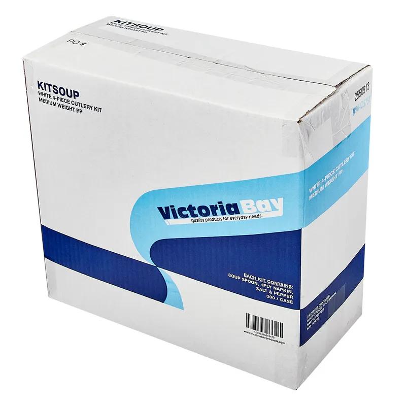 Victoria Bay 4PC Cutlery Kit PP White Medium Weight With 1PLY Napkin, Salt & Pepper,Soup Spoon 500/Case