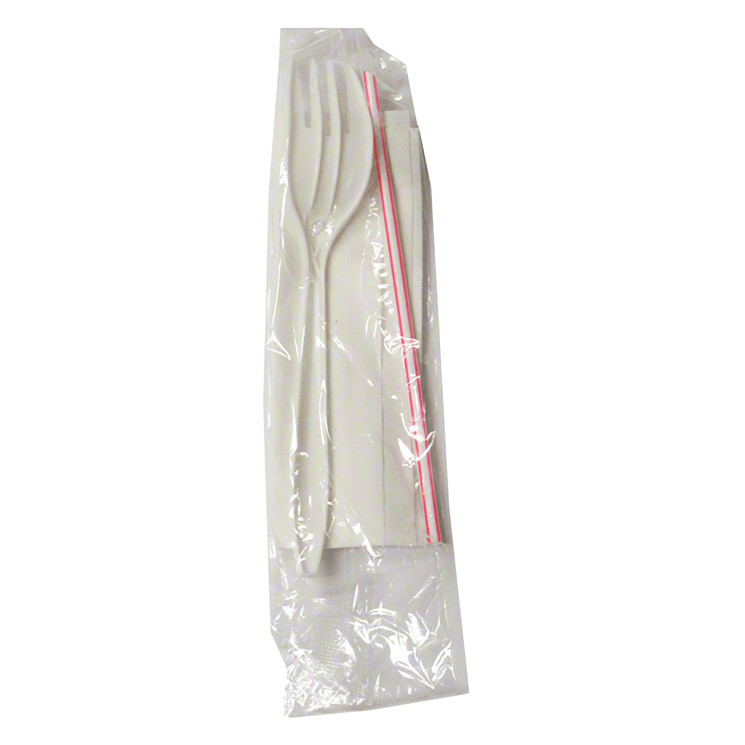 3PC Cutlery Kit White With Napkin,Fork,Spike Straw 1000/Case