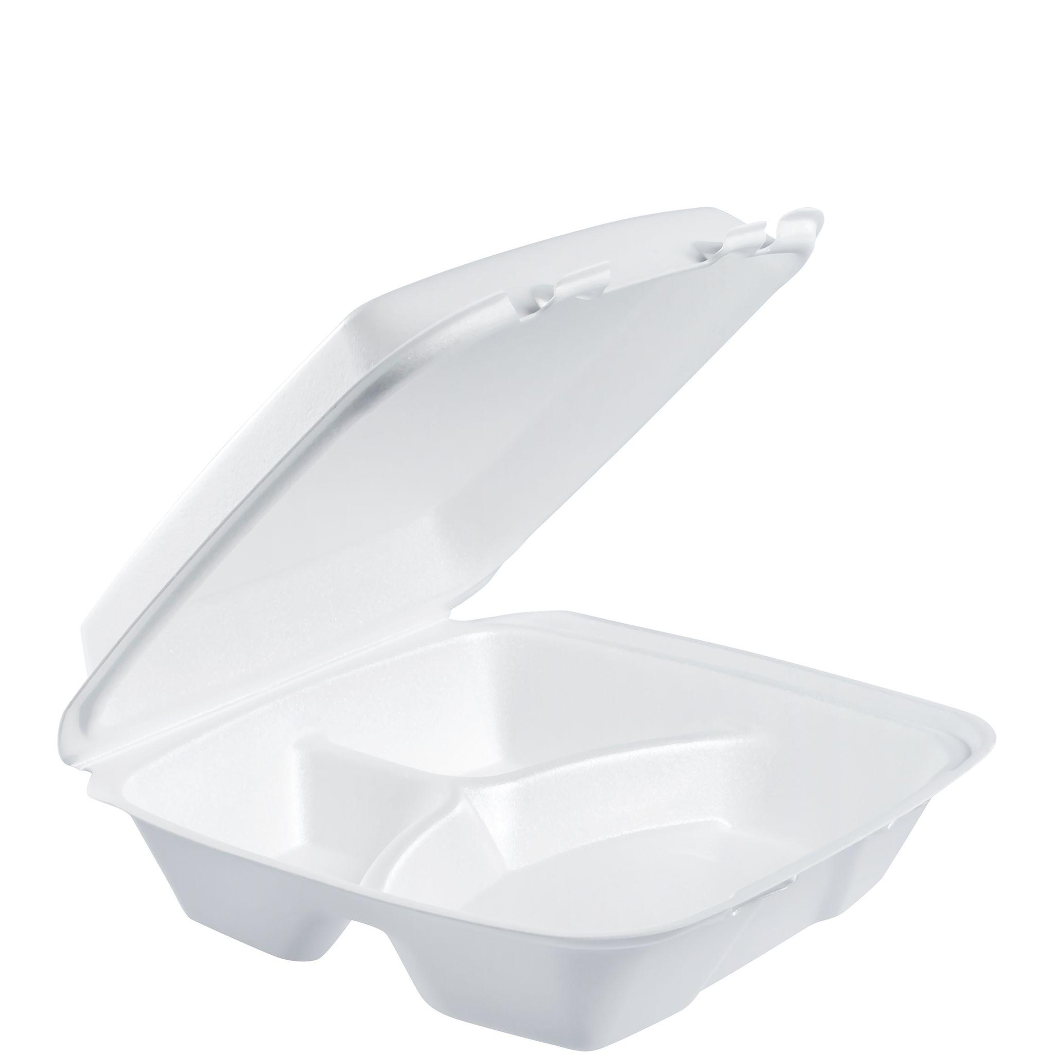 Dart® Take-Out Container Hinged Large (LG) 9.4X9.01X3.1 IN 3 Compartment XPS White Insulated 100 Count/Pack 2 Packs/Case
