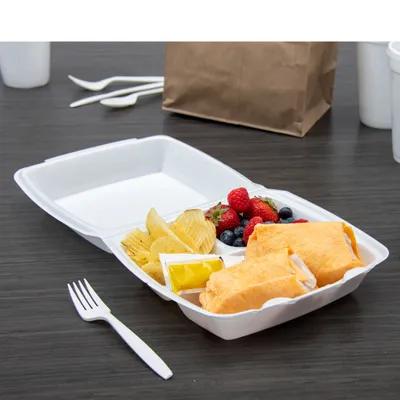 Dart® Take-Out Container Hinged Large (LG) 9.4X9.01X3.1 IN 3 Compartment XPS White Insulated 100 Count/Pack 2 Packs/Case