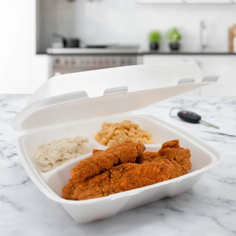 Dart® Take-Out Container Hinged Large (LG) 9.4X9.01X3.1 IN 3 Compartment XPS White Insulated 100 Count/Pack 2 Packs/Case