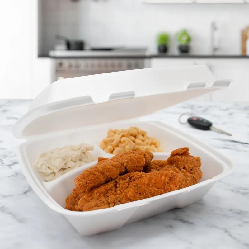 Dart® Take-Out Container Hinged Large (LG) 9.4X9.01X3.1 IN 3 Compartment XPS White Insulated 100 Count/Pack 2 Packs/Case