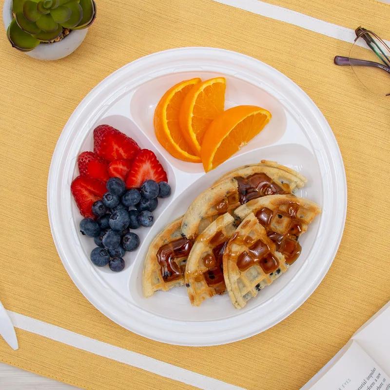 Dart® Famous Service® Plate 9 IN 3 Compartment PS White Round 125 Count/Pack 4 Packs/Case 500 Count/Case