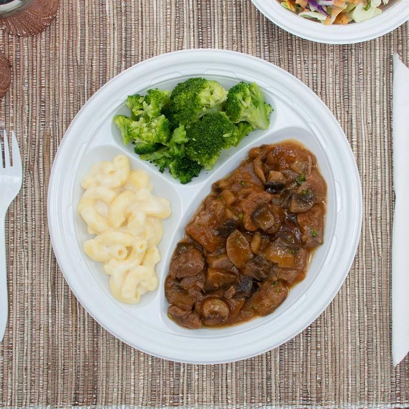 Dart® Famous Service® Plate 9 IN 3 Compartment PS White Round 125 Count/Pack 4 Packs/Case 500 Count/Case