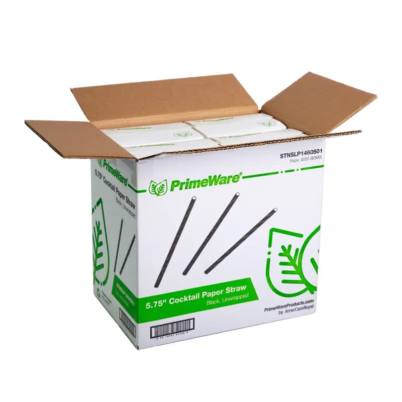 PrimeWare® Jumbo Straw 5.75 IN Paper Black Unwrapped 500 Count/Pack 8 Packs/Case 4000 Count/Case
