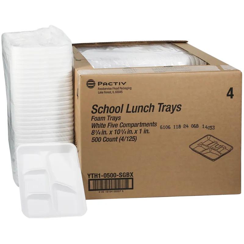 Cafeteria & School Lunch Tray 10.25X8.25X1.125 IN 5 Compartment Polystyrene Foam White Rectangle 500/Case