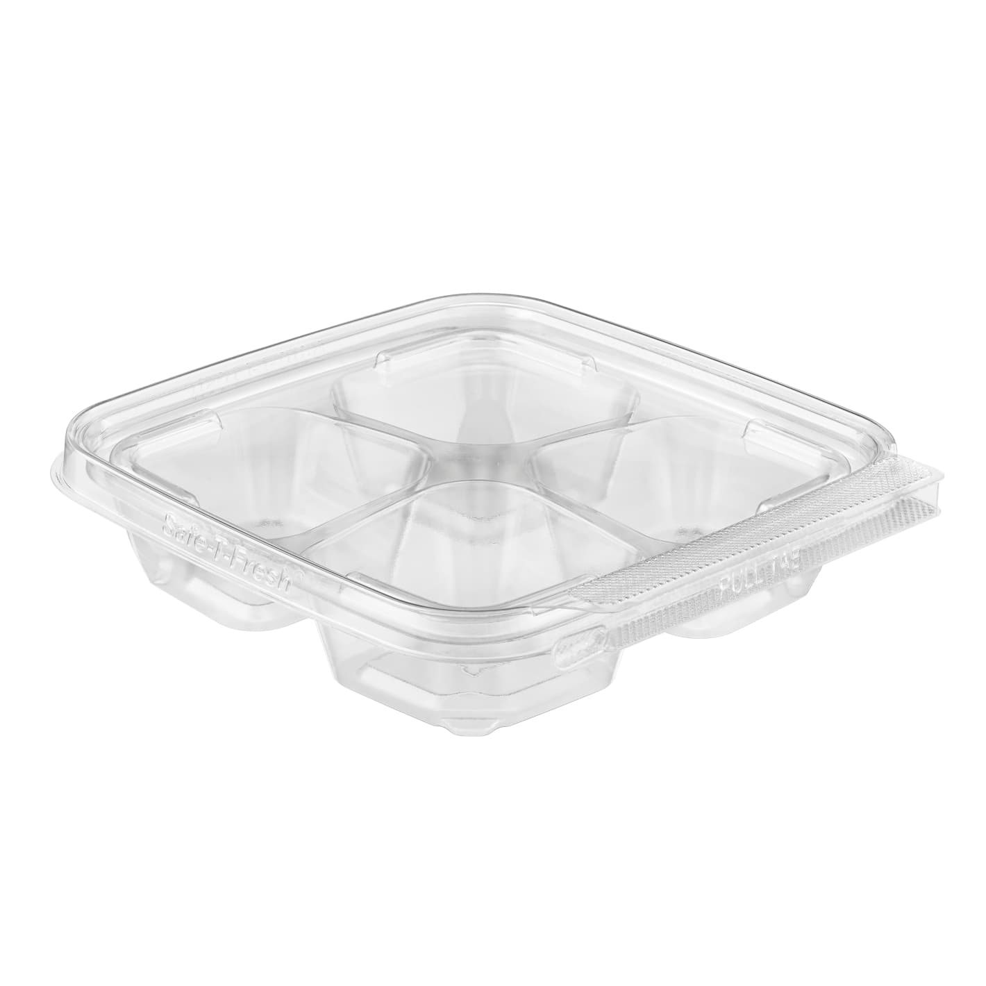 Safe-T-Fresh® Deli Container Hinged With Flat Lid 10 OZ 4 Compartment RPET Clear Square 252/Case