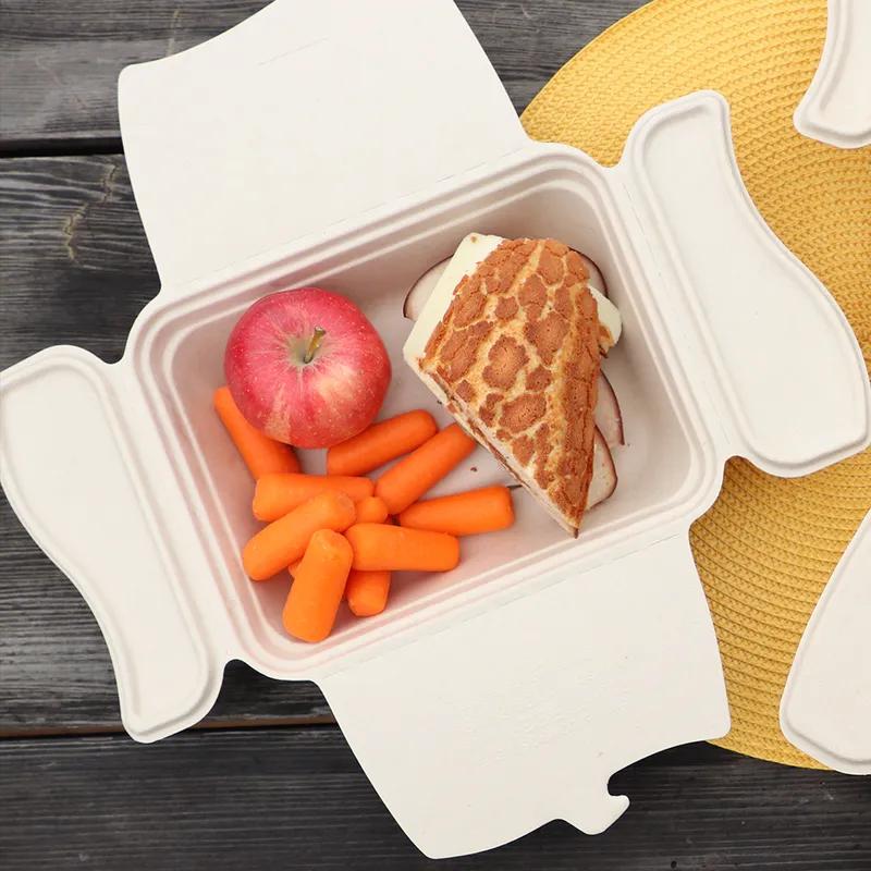 Take-Out Box Fold-Top With Flat Lid 9.2X7X2.2 IN Pulp Fiber Bamboo Kraft Rectangle 200/Case