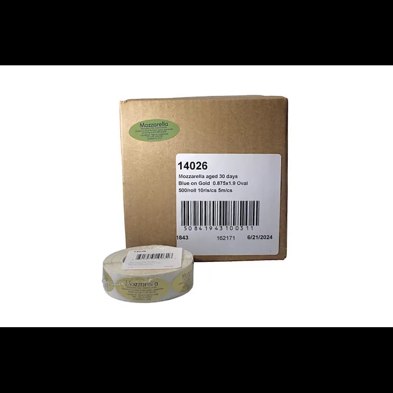Mozzarella Aged 30 Days Deli Label 0.875X1.9 IN Blue Gold Oval Foil 500 Count/Roll 10 Rolls/Case 5000 Count/Case