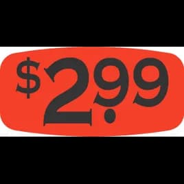 2.99 Price Label 0.625X1.25 IN Black Fluorescent Red Short Oval Dayglo 1000 Count/Roll 50 Rolls/Case 50000 Count/Case