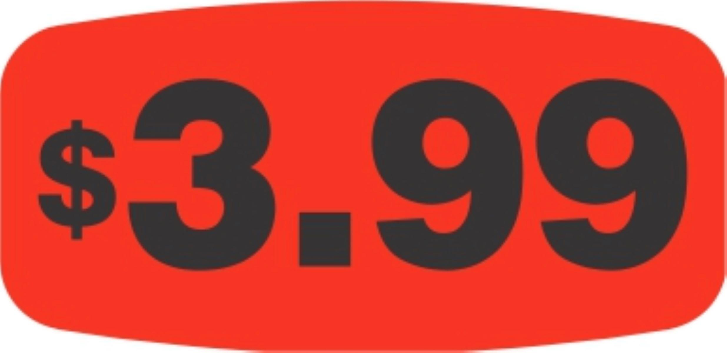 3.99 Price Label Black Fluorescent Red Short Oval Dayglo 1000 Count/Roll 50 Rolls/Case 50000 Count/Case