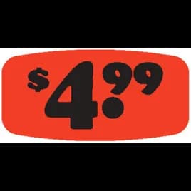 4.99 Price Label Black Fluorescent Red Short Oval Dayglo 1000 Count/Roll 50 Rolls/Case 50000 Count/Case