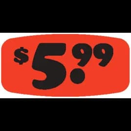 5.99 Price Label Black Fluorescent Red Short Oval Dayglo 1000 Count/Roll 50 Rolls/Case 50000 Count/Case