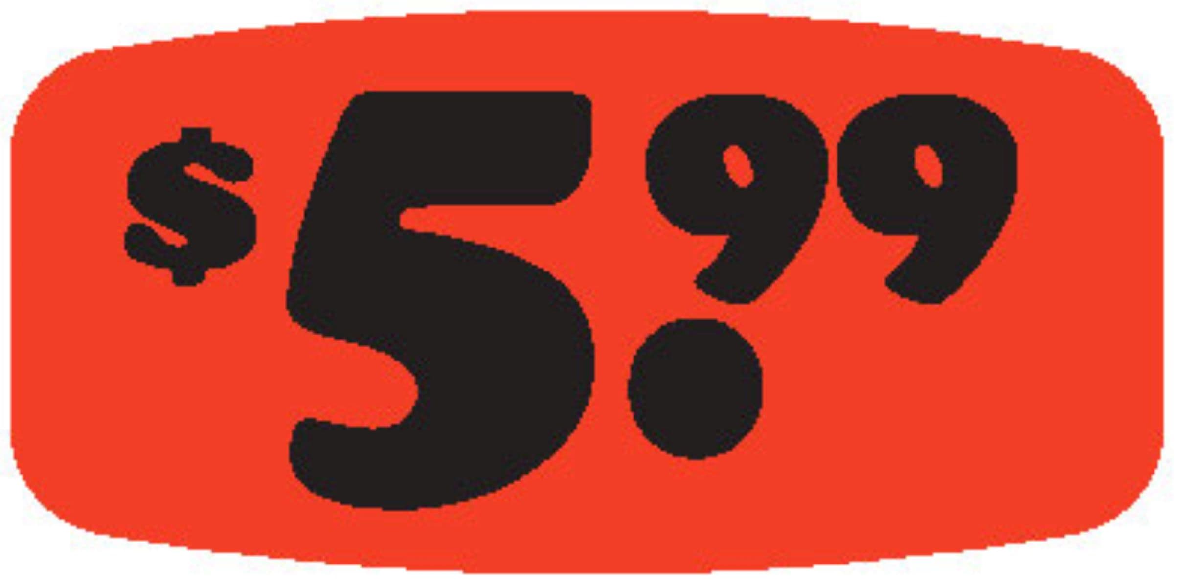 5.99 Price Label Black Fluorescent Red Short Oval Dayglo 1000 Count/Roll 50 Rolls/Case 50000 Count/Case