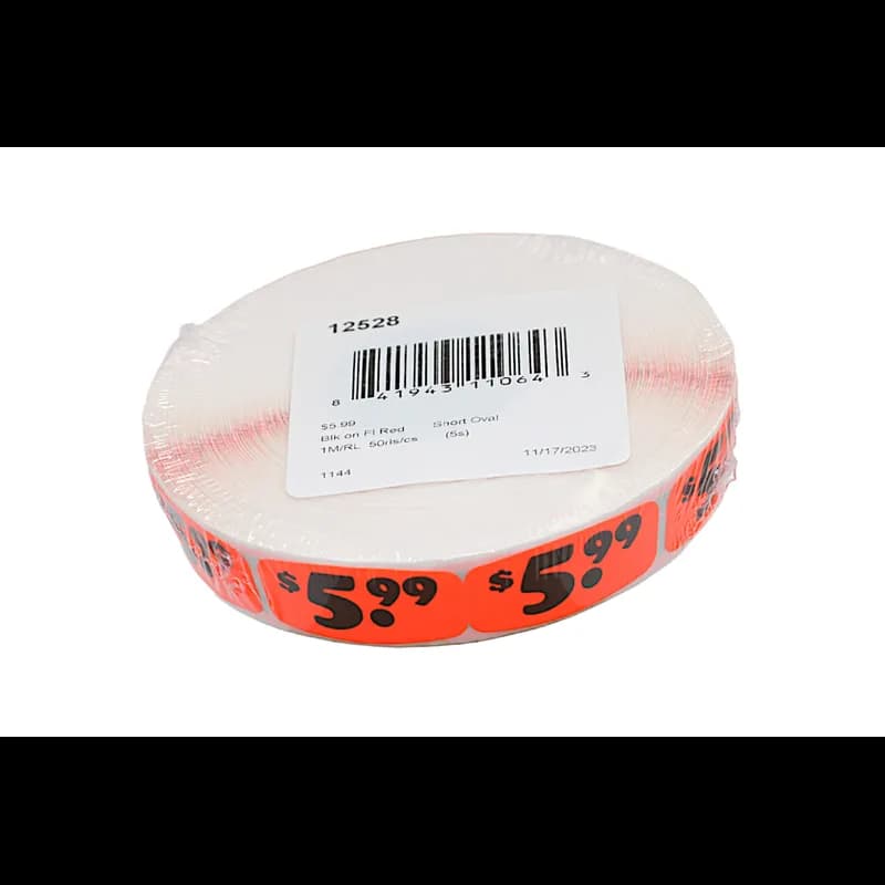 5.99 Price Label Black Fluorescent Red Short Oval Dayglo 1000 Count/Roll 50 Rolls/Case 50000 Count/Case