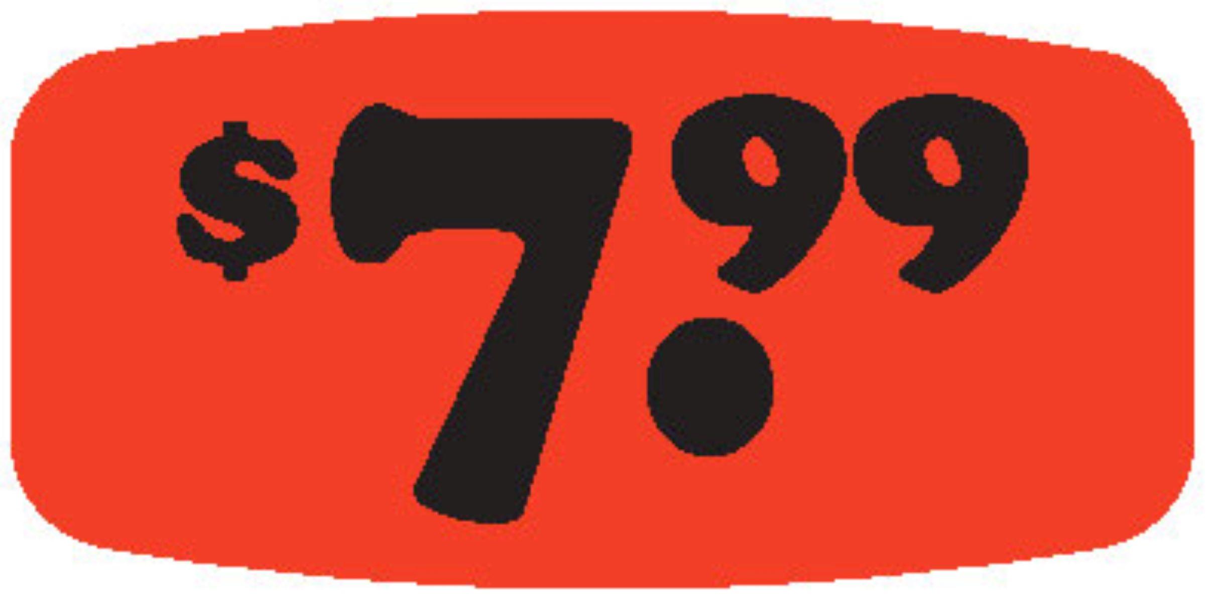 7.99 Price Label Black Fluorescent Red Short Oval Dayglo 1000 Count/Roll 50 Rolls/Case 50000 Count/Case