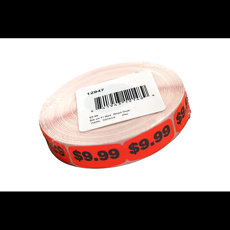 9.99 Price Label Black Fluorescent Red Short Oval Dayglo 1000 Count/Roll 50 Rolls/Case 50000 Count/Case