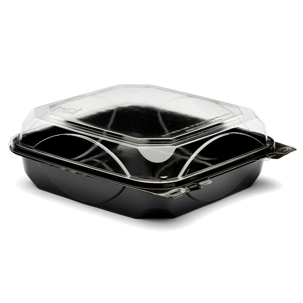 The BOTTLEBOX ® Take-Out Container Hinged 8.46X7.96X2.88 IN RPET Black Clear Rectangle 200/Case