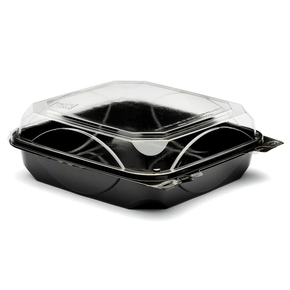 The BOTTLEBOX ® Take-Out Container Hinged 8.46X7.96X2.88 IN RPET Black Clear Rectangle 200/Case