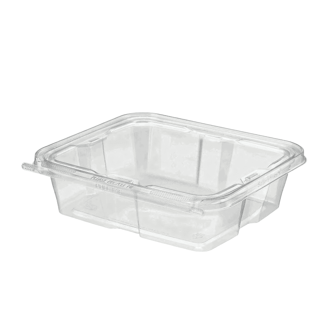 Safe-T-Fresh® Deli Container Hinged With Flat Lid 48 OZ rDPET Clear Rectangle 150/Case
