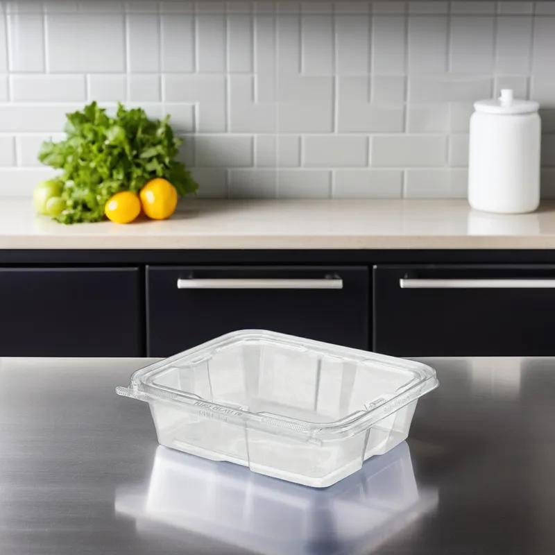 Safe-T-Fresh® Deli Container Hinged With Flat Lid 48 OZ rDPET Clear Rectangle 150/Case