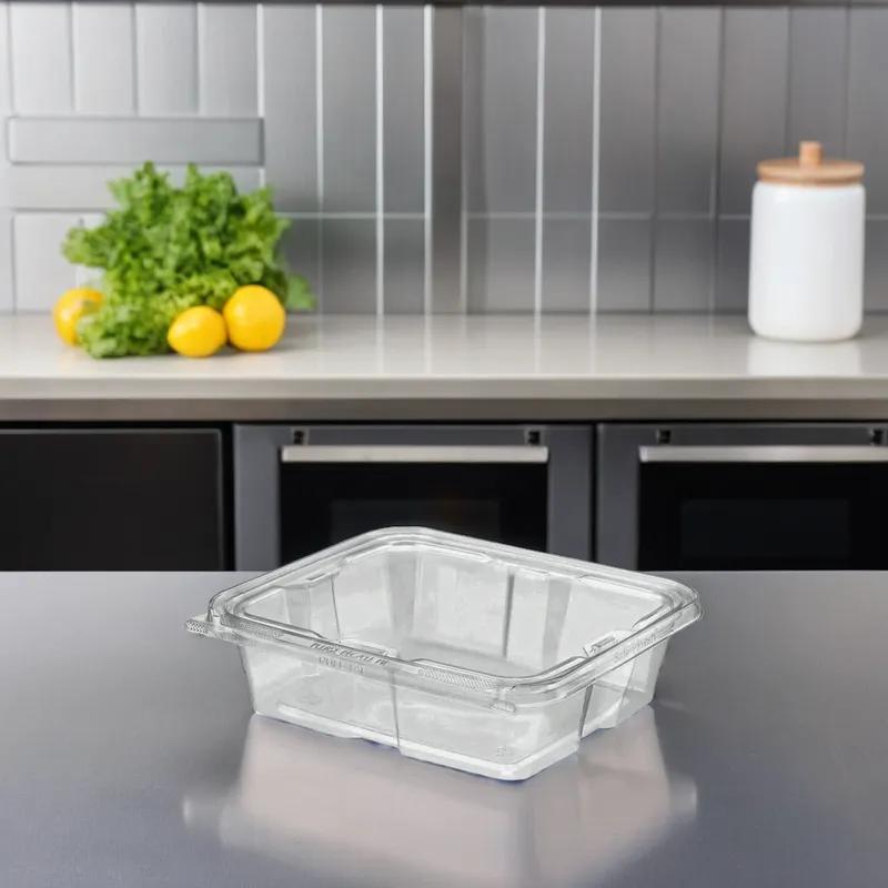 Safe-T-Fresh® Deli Container Hinged With Flat Lid 48 OZ rDPET Clear Rectangle 150/Case