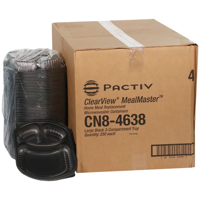 Take-Out Container Base With Dome Lid Large (LG) 9.4X8X1.5 IN 3 Compartment MFPP Black Rectangle 250/Case