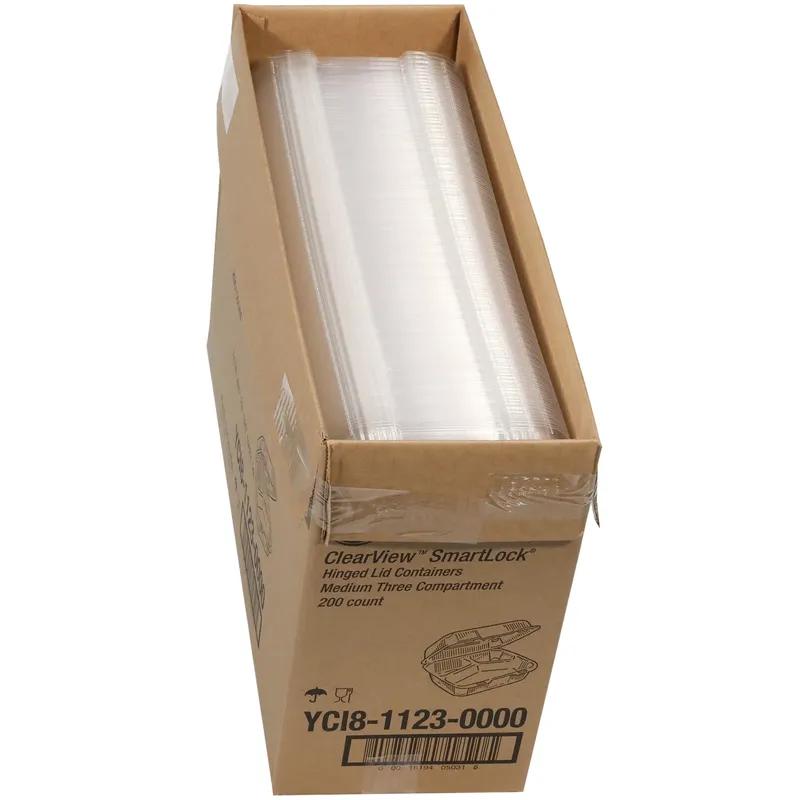 Take-Out Container Hinged With Dome Lid 8.2X8.3X2.9 IN 3 Compartment OPS Clear Square 200/Case
