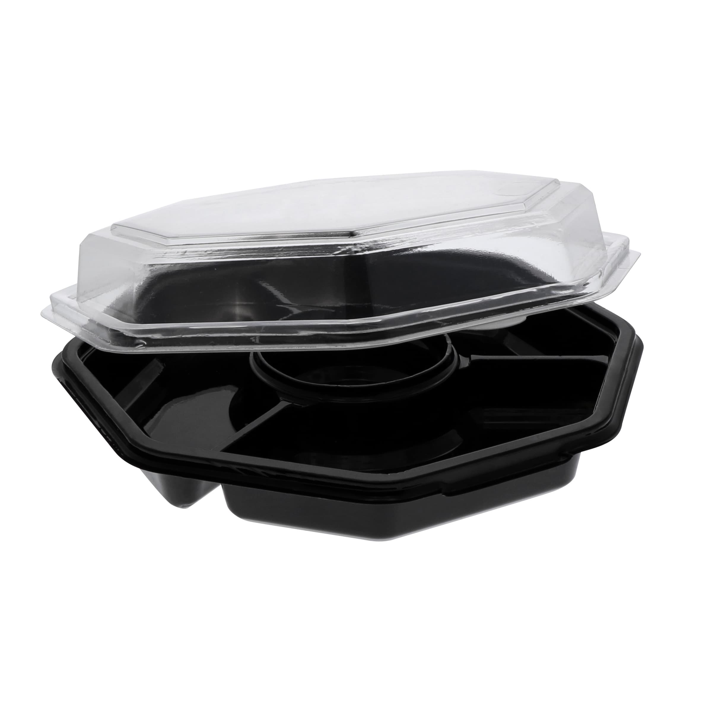 Take-Out Container Base & Lid Combo 32 OZ 4 Compartment RPET Black Clear Octagon 150/Case
