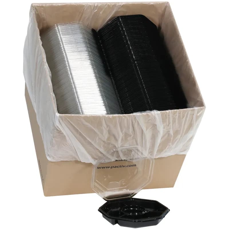 Take-Out Container Base & Lid Combo 32 OZ 4 Compartment RPET Black Clear Octagon 150/Case