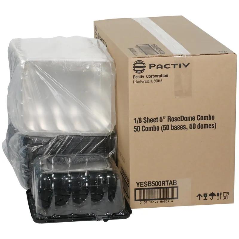 RoseDome Cake Container & Lid Combo With Dome Lid 1/8 Size 11X9X5 IN PET Clear Black Rectangle Long Tab 50/Case
