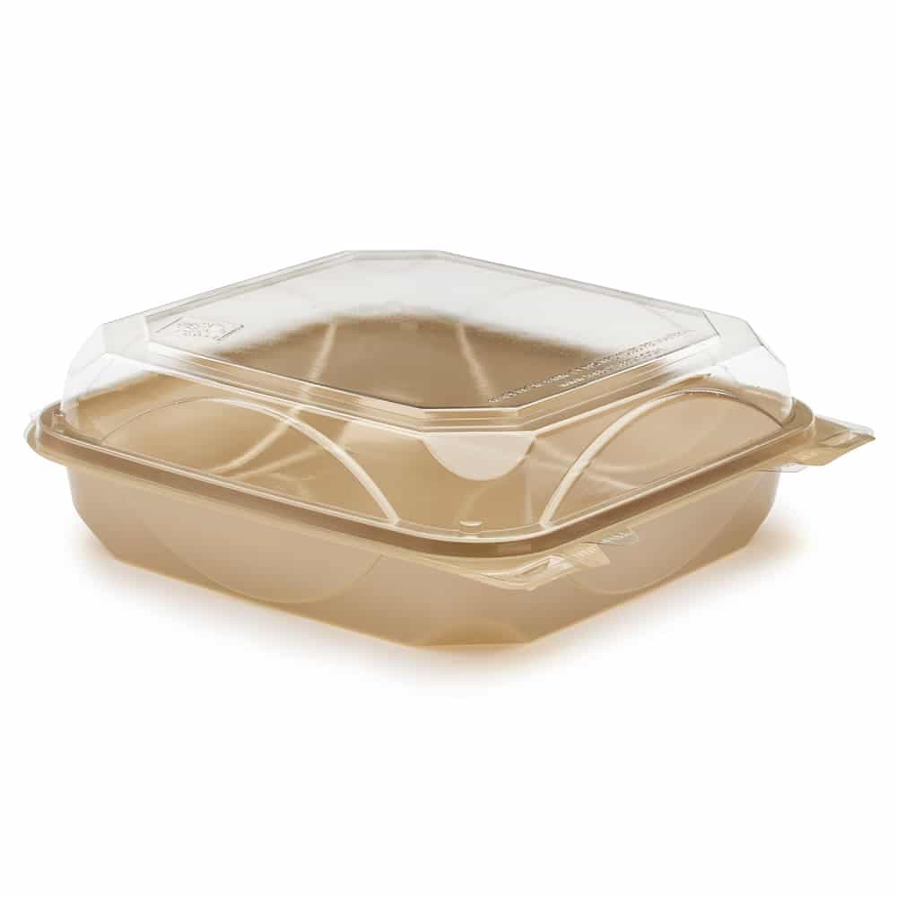 The BOTTLEBOX ® Take-Out Container Hinged 8.46X7.96X2.88 IN RPET Gold Clear Rectangle 200/Case
