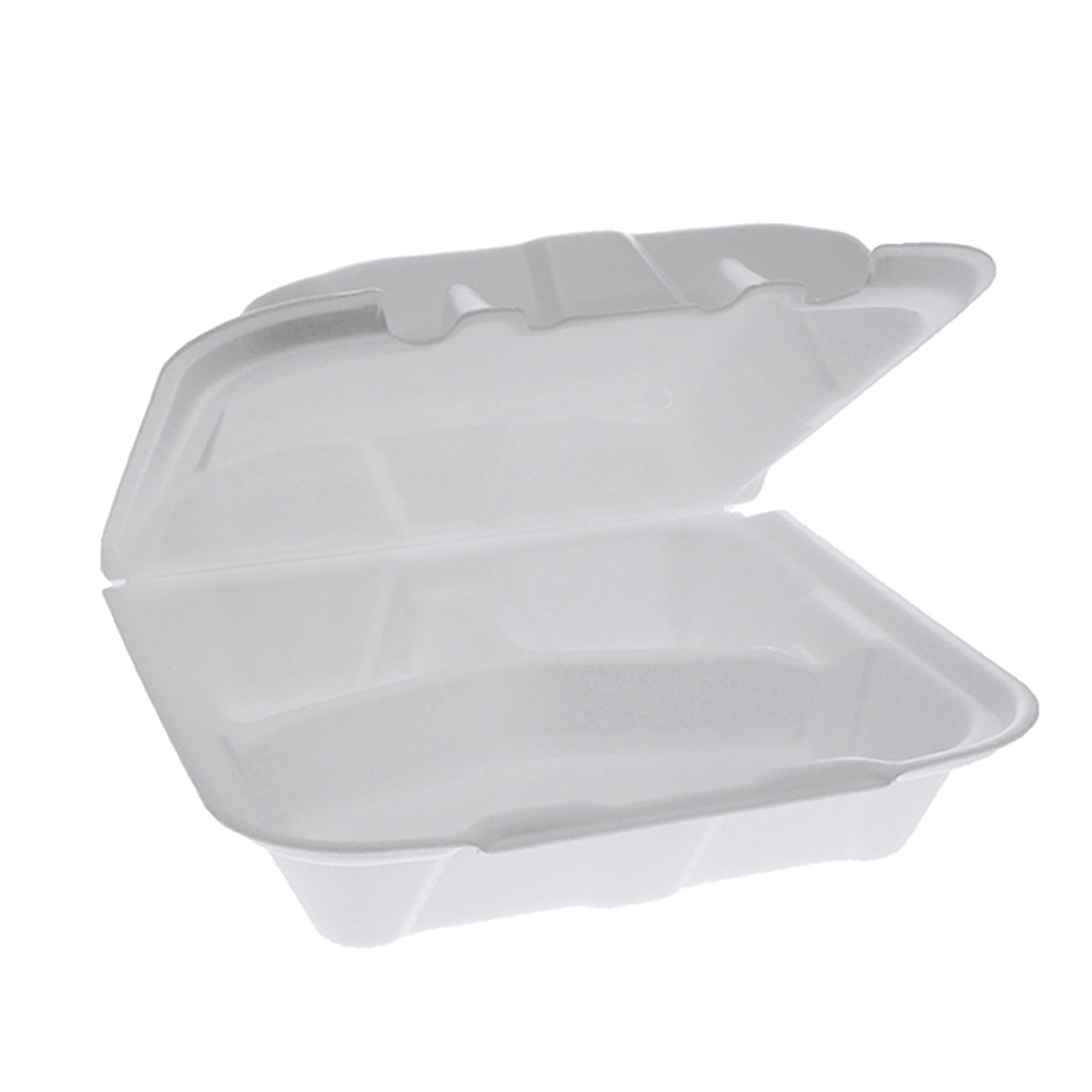Take-Out Container Hinged With Dome Lid 8.4X8X3 IN 3 Compartment Polystyrene Foam White Square Closing Tabs 150/Case