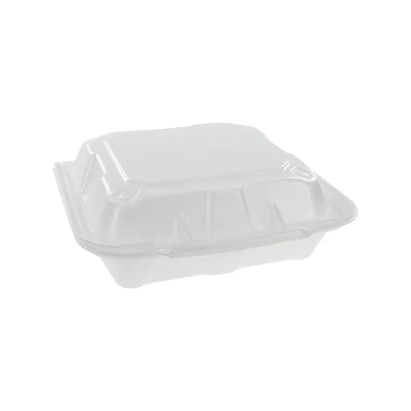 Take-Out Container Hinged With Dome Lid 8.4X8X3 IN 3 Compartment Polystyrene Foam White Square Closing Tabs 150/Case