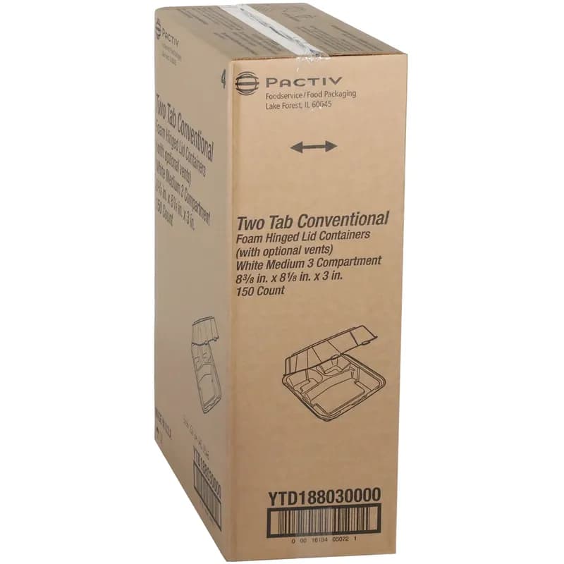 Take-Out Container Hinged With Dome Lid 8.4X8X3 IN 3 Compartment Polystyrene Foam White Square Closing Tabs 150/Case
